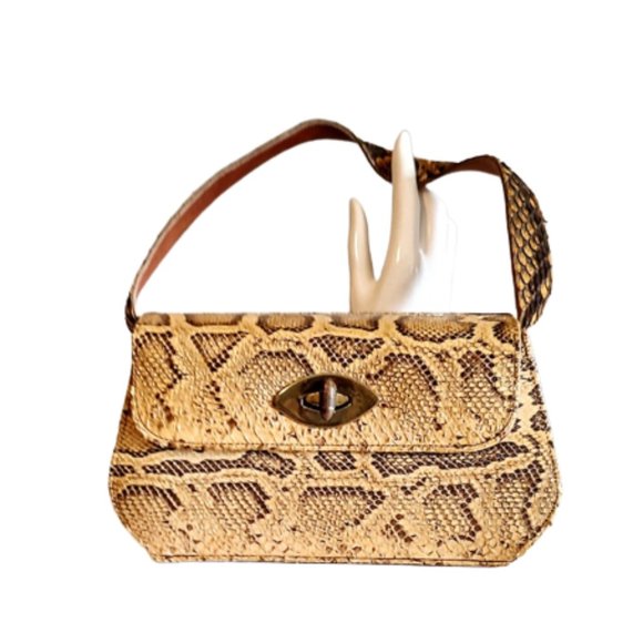 1950s Vintage Genuine Python Snakeskin Top Handle Box Handbag In Tan And Brown - Picture 1 of 7